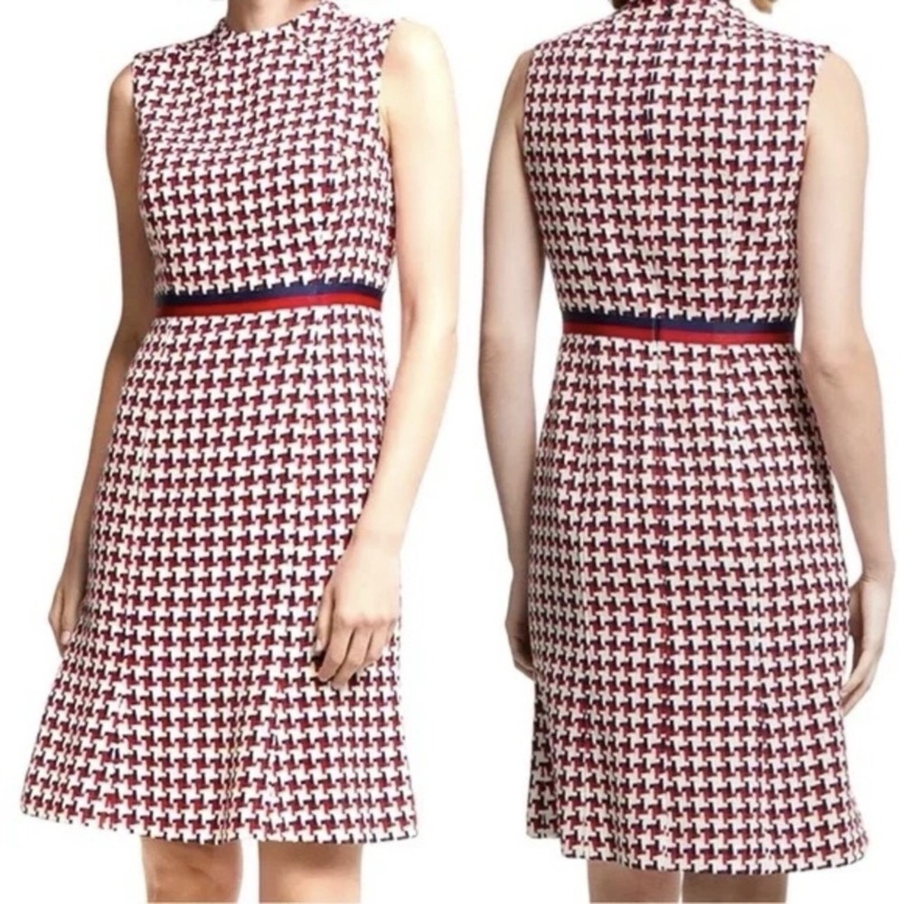 NWT Boden Ayla Wool Red Navy Tweed Houndstooth Dress 6 Classic Preppy Sheath